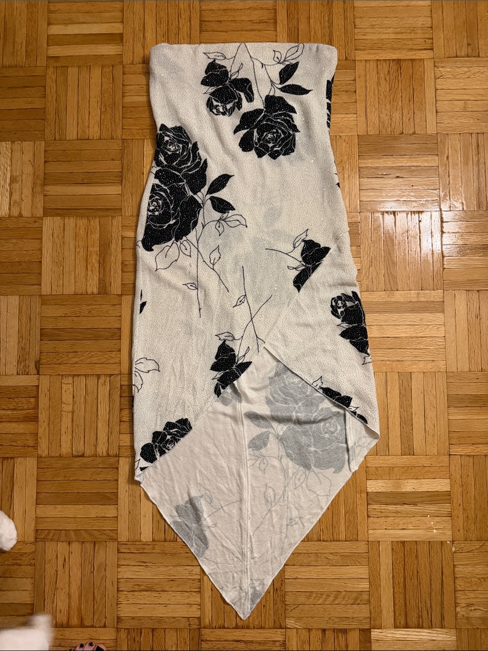 White Glitter Strapless Handkerchief Hem Dress with Black Rose Print
